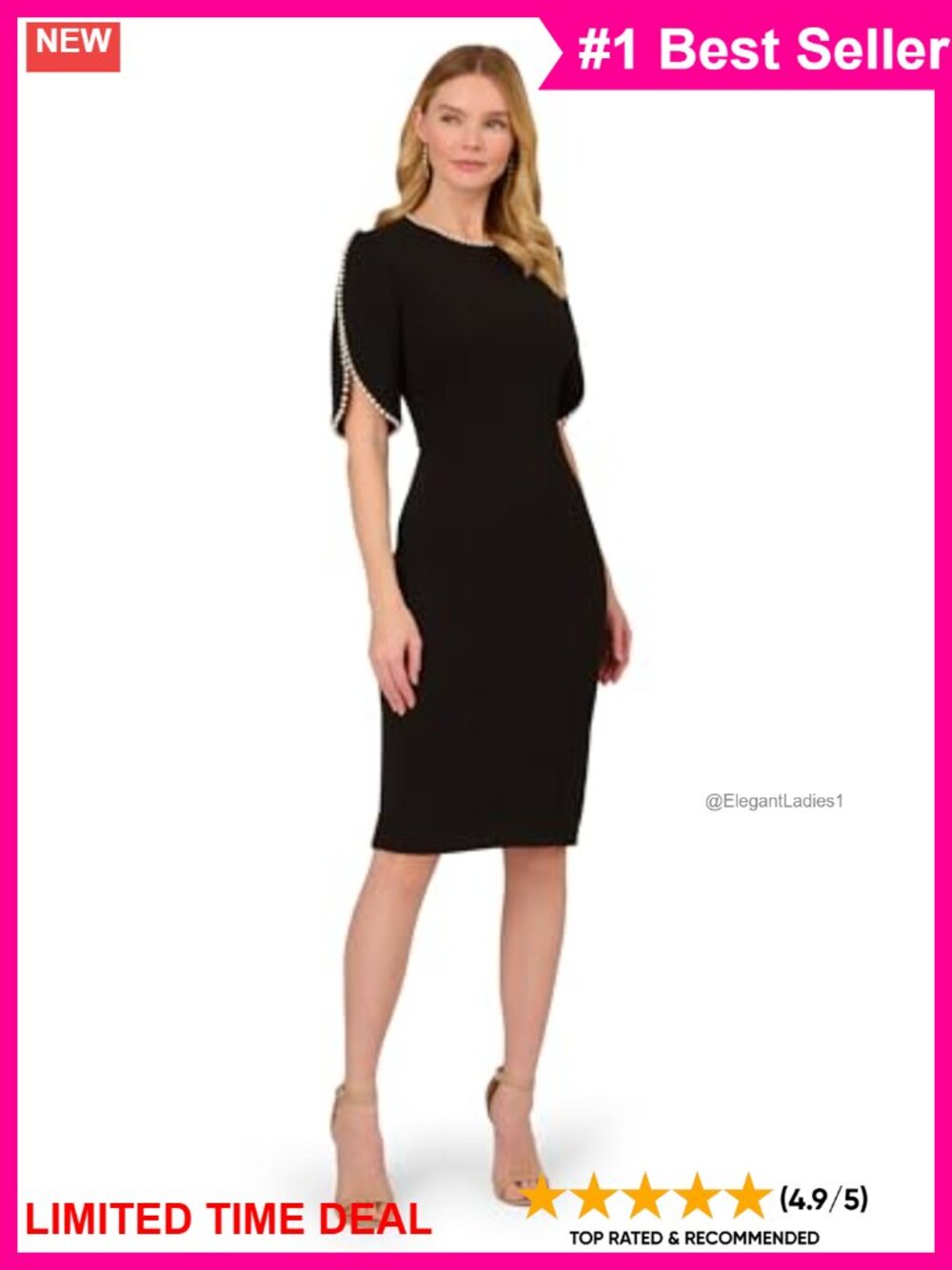 Adrianna Papell Knit Crepe Pearl Midi Dress Crew Neck Cap Sleeve Cocktail